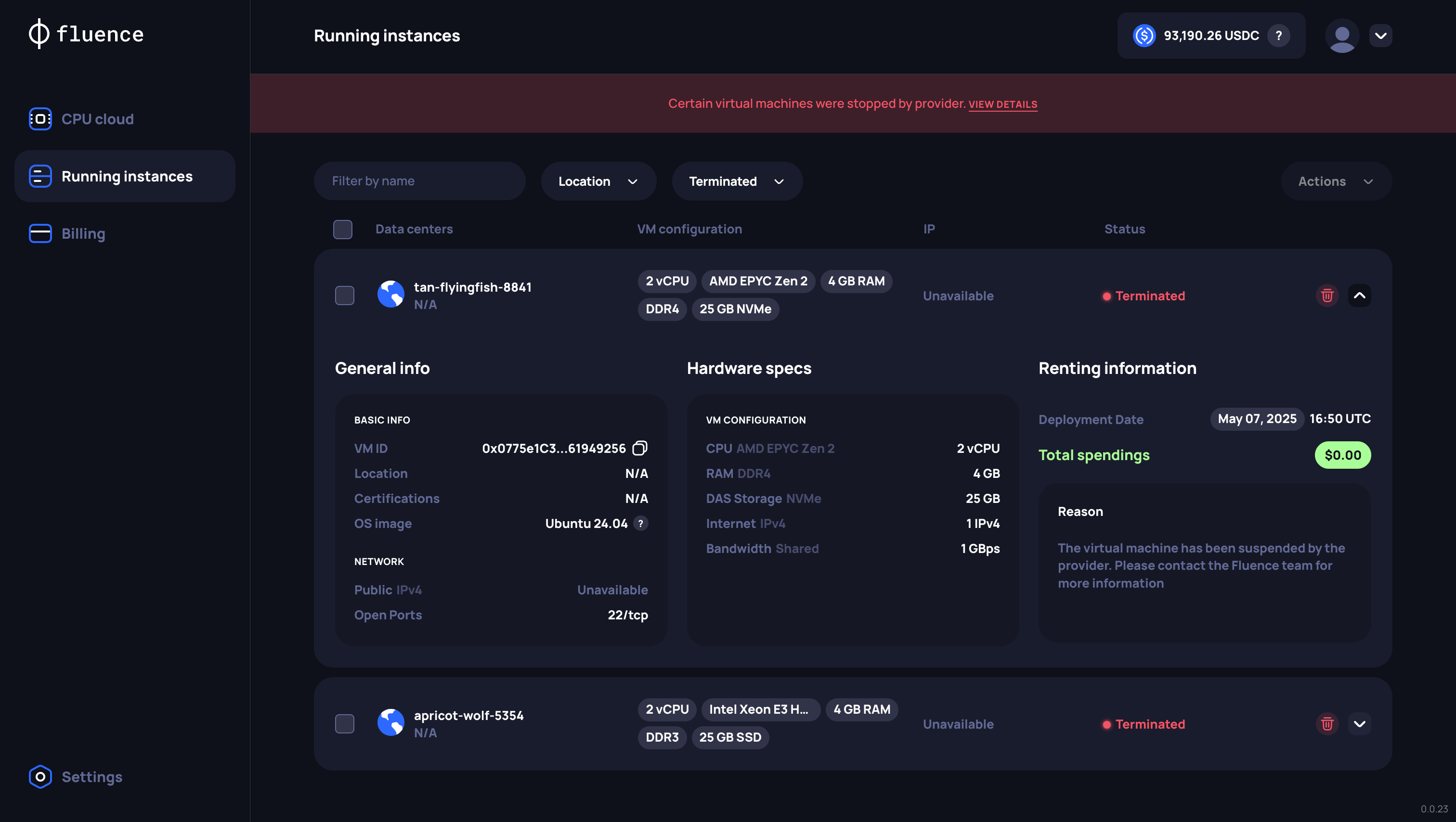 View of Running Instances page with a status filter